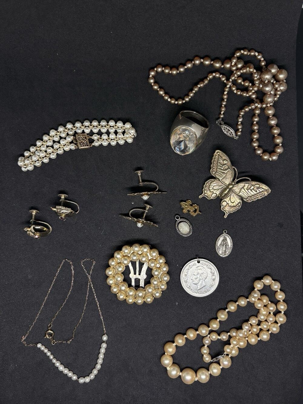 Vintage Victorian Revival Coro Faux Pearl Necklace Ring Charm Clip Jewelry Lot